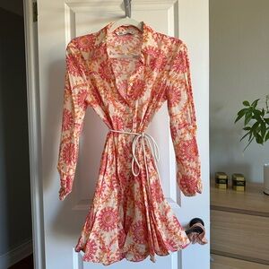 Printed button down ruffle dress with rope tie